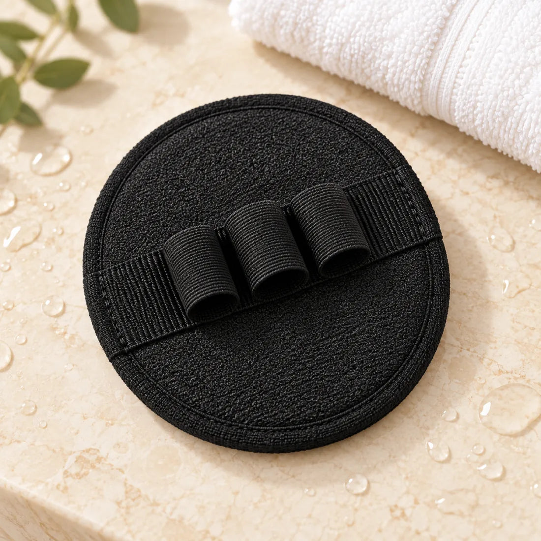 Tressfold round exfoliating bath glove on a warm ivory surface